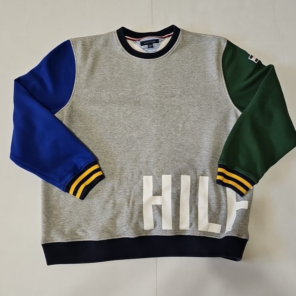 Tommy Hilfiger Color Block Crew Neck Sweatshirt Grey Blue Green Men's Large XXL
